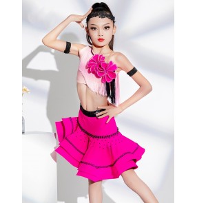 Girls kids pink fuchsia fringe latin dance dresses christmas party dress up dancing outfits for children modern salsa rumba chacha ballroom dance costumes  